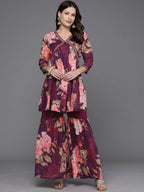 Ahalyaa Women Floral Printed Tunic with Sharara - Black Color | Grocsy