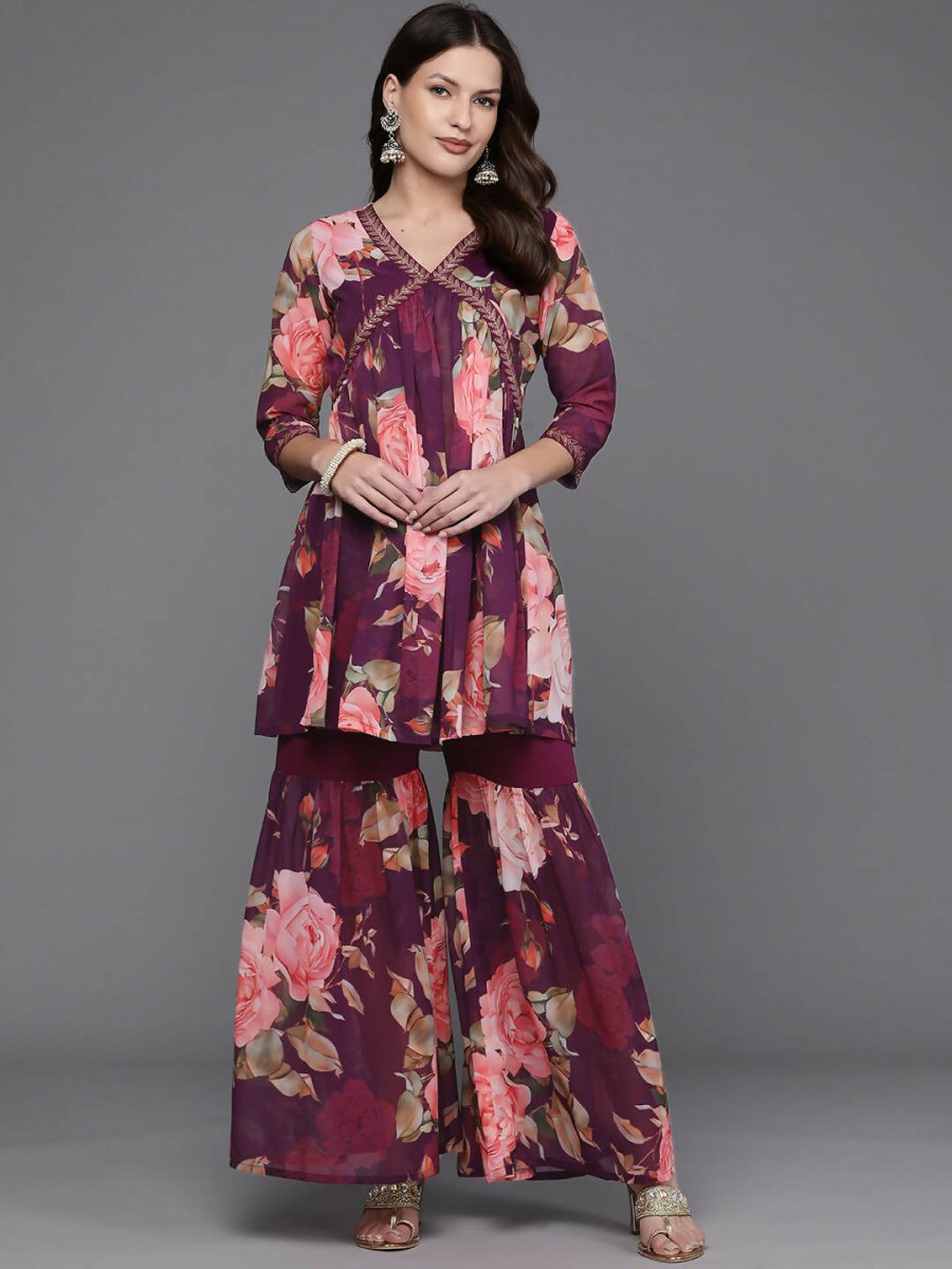 Ahalyaa Women Floral Printed Tunic with Sharara - Black Color | Grocsy