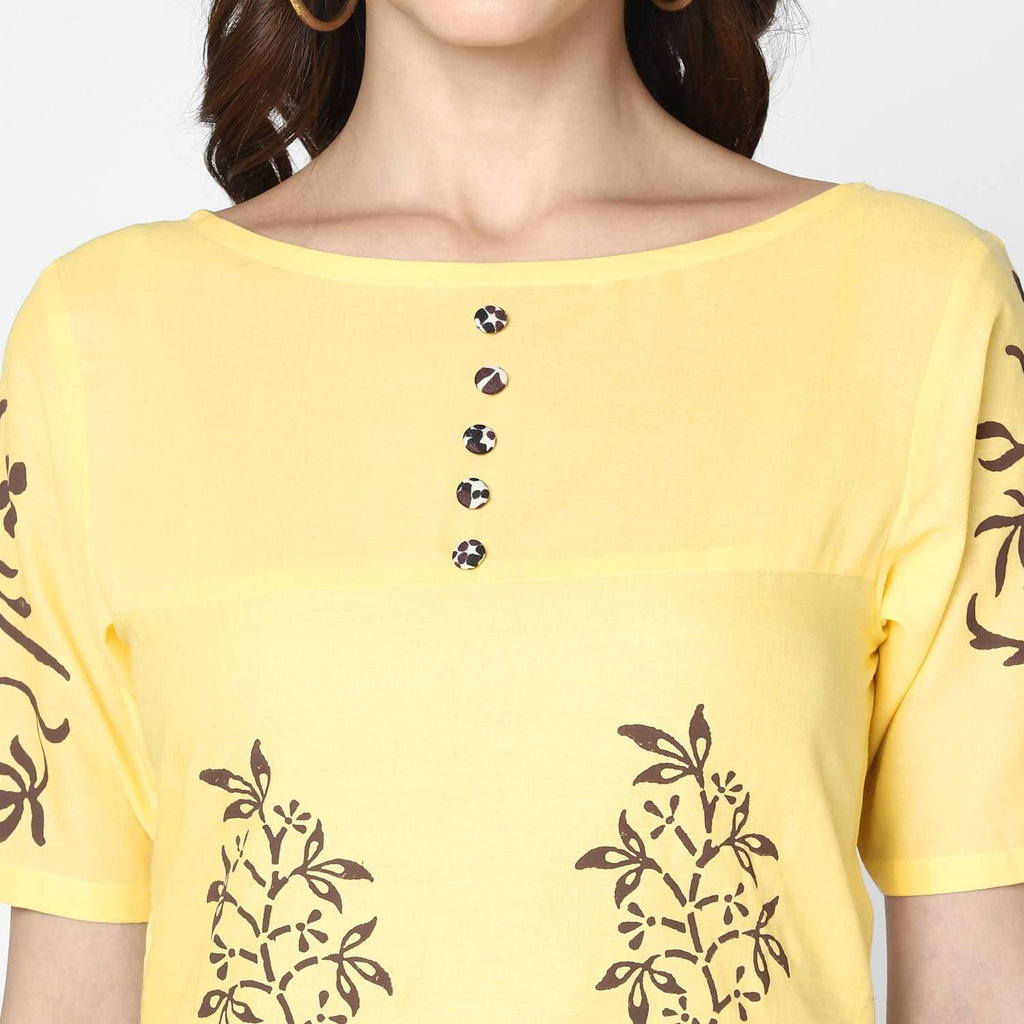 Cheera Hand Block Print Pale Yellow Straight Kurta (MAAI-056K) | Grocsy