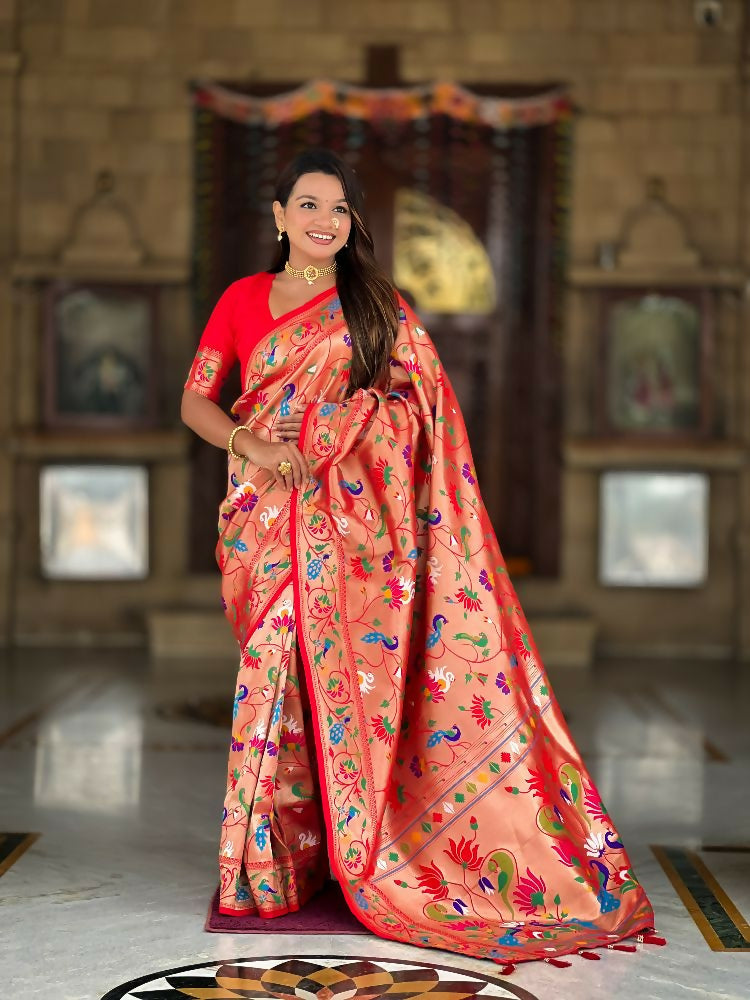 PR Fashion Red Oft Kanjivaram Paithani Silk With Zari Weaving Meenakari Design Saree | Grocsy