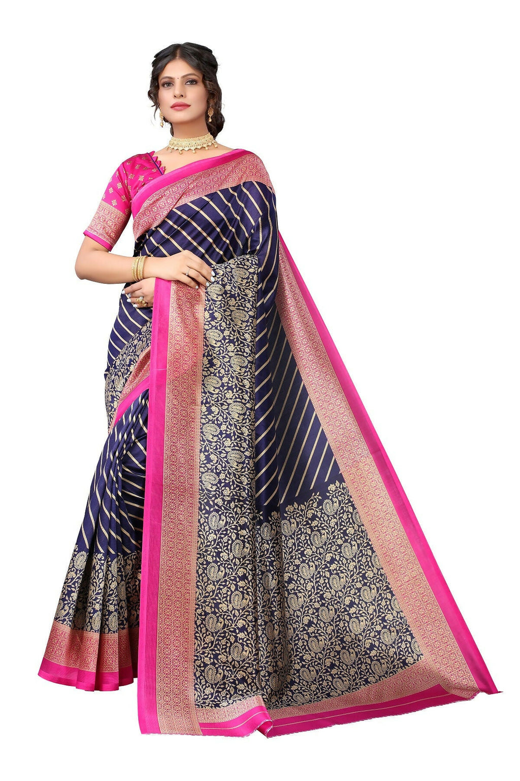 Vamika Navy Blue Printed Art Silk Saree | Grocsy