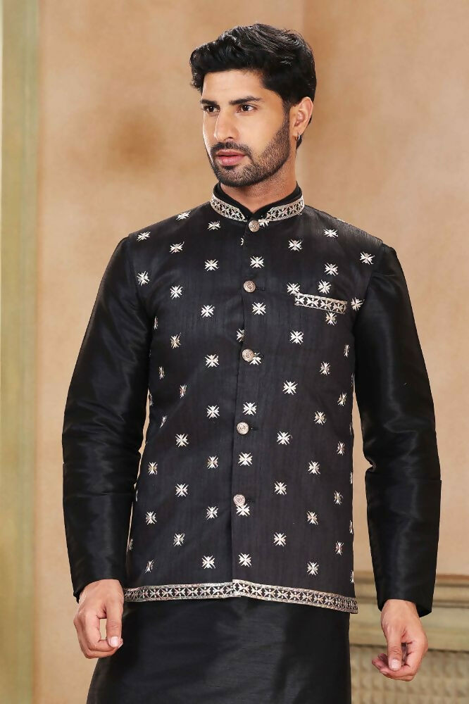 Raivat Ethnic Jacquard Banarasi Silk Woven Work 3 Pics Jacket Set In Black Colour | Grocsy