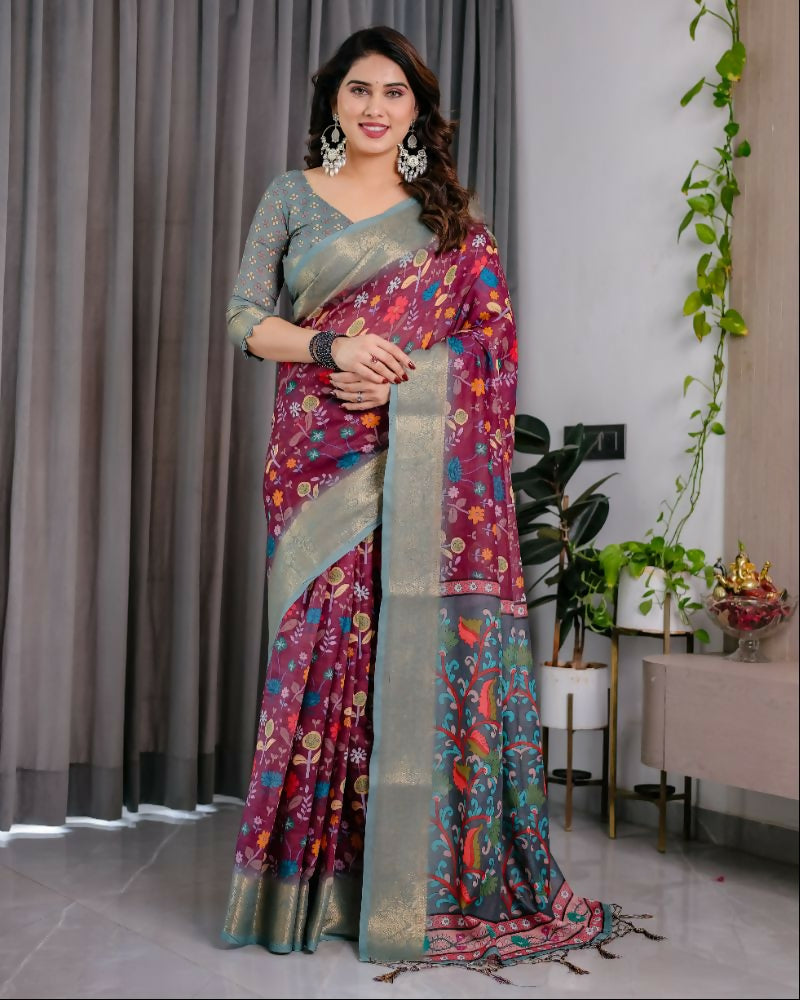 PR Fashion Purple Pure Handloom Linen Saree | Grocsy
