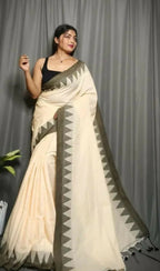 Exclusive Collection Beautiful Off White Pure Cotton Woven Handloom Saree With Running Blouse Piece | Grocsy