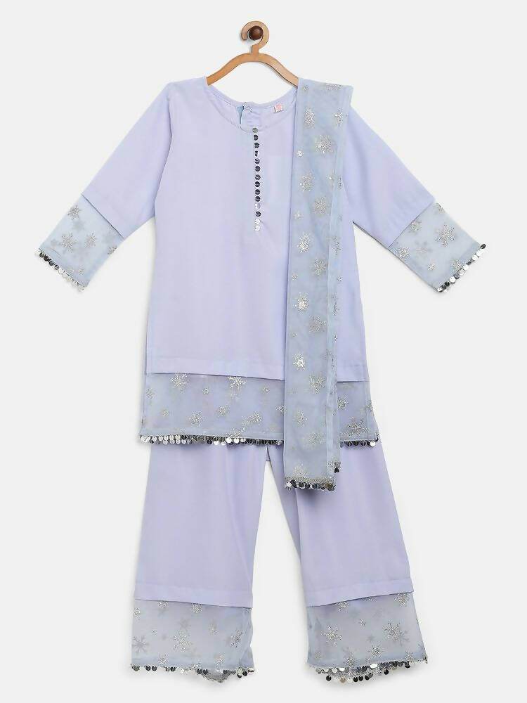 Ahalyaa Blue Crepe Silver Glitter Print Kids Kurta Palazzo Set With Dupatta For Girls | Grocsy