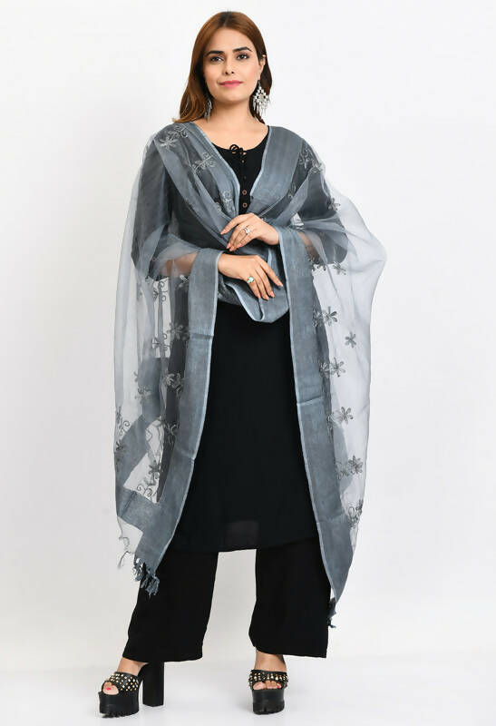 Mominos Fashion Moeza Women's Orgenza All Over Chikan Work Grey Dupatta | Grocsy