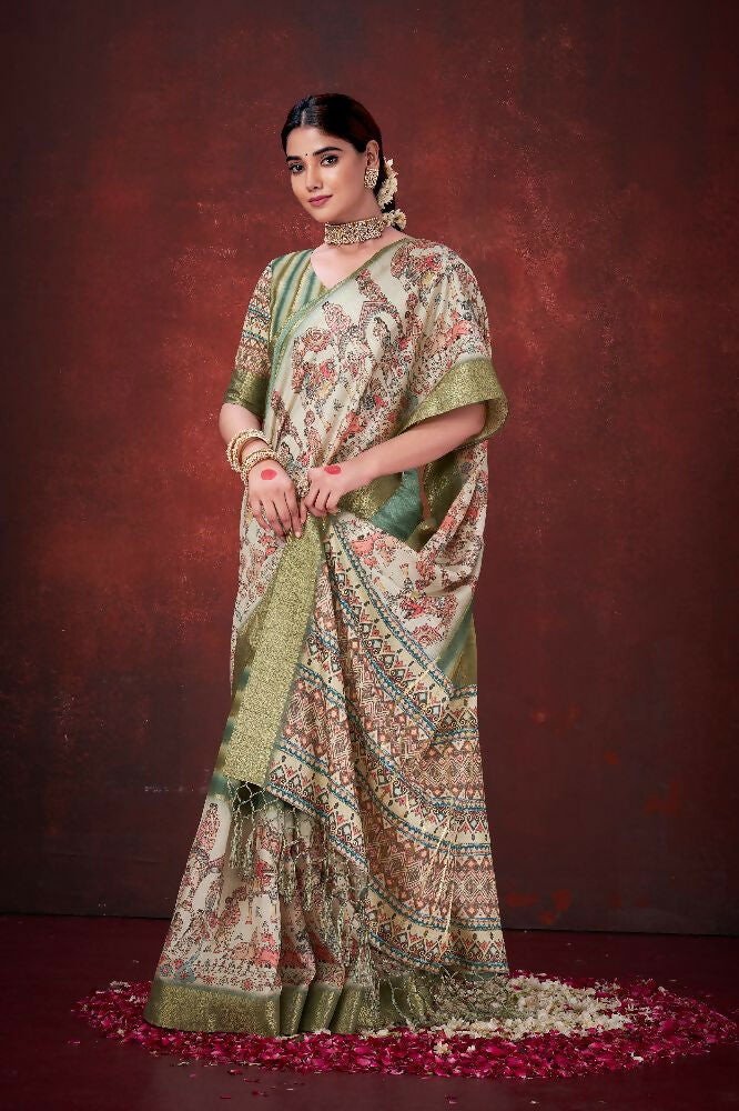 Green Poly Habotai Silk Foil Print Saree with Unstitched Blouse - Kathari | Grocsy