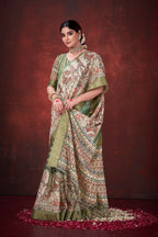 Green Poly Habotai Silk Foil Print Saree with Unstitched Blouse - Kathari | Grocsy
