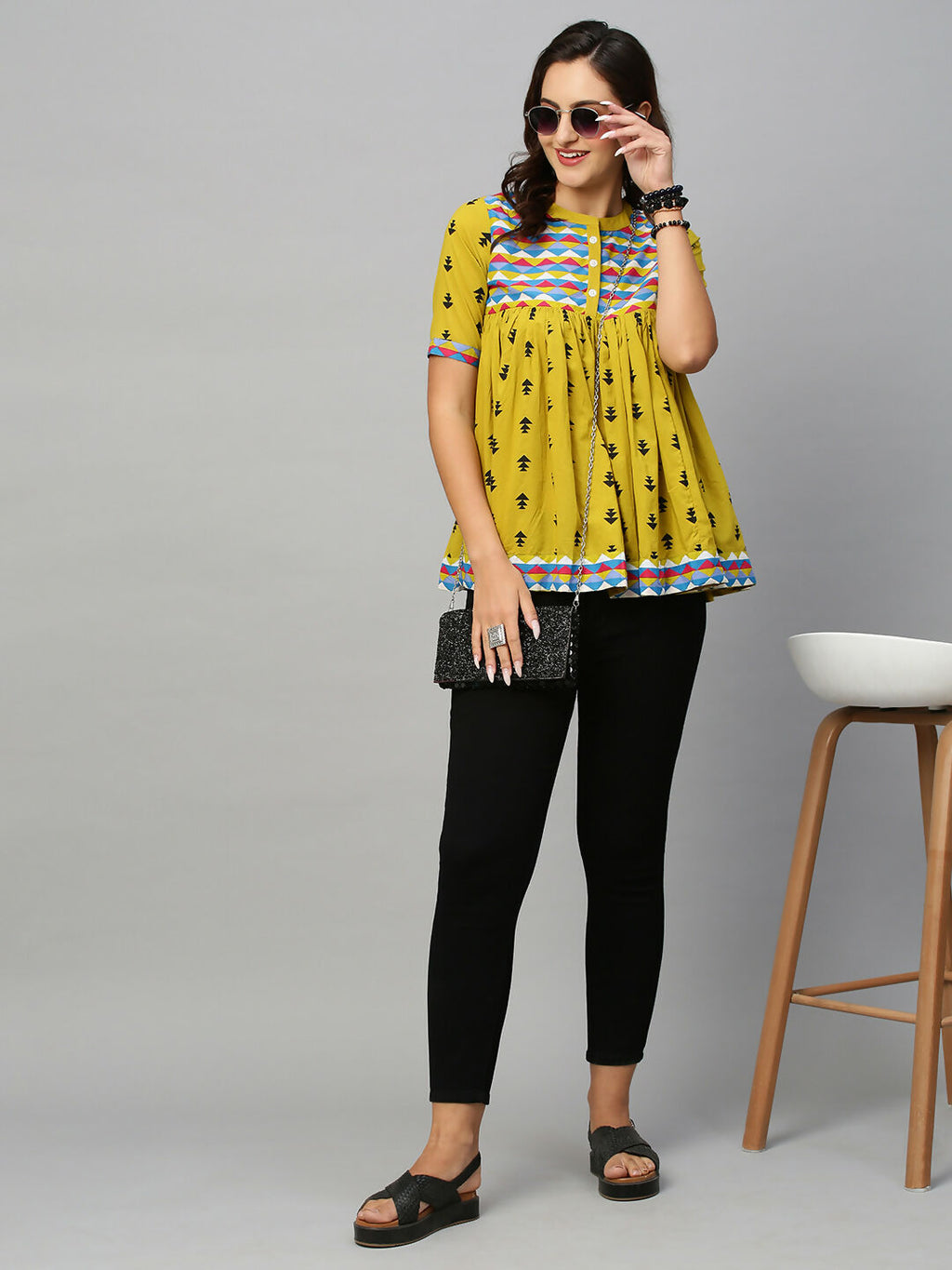 Olive Green & Black Pure Cotton Printed A-Line Top - Bosky | Grocsy