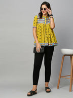 Olive Green & Black Pure Cotton Printed A-Line Top - Bosky | Grocsy