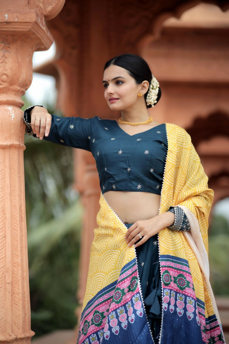 Vastranavya Navaratri Collection Myra Silk Lehenga & Blouse With Maslin Crochet Printed Dupatta Set - Turquoise | Grocsy