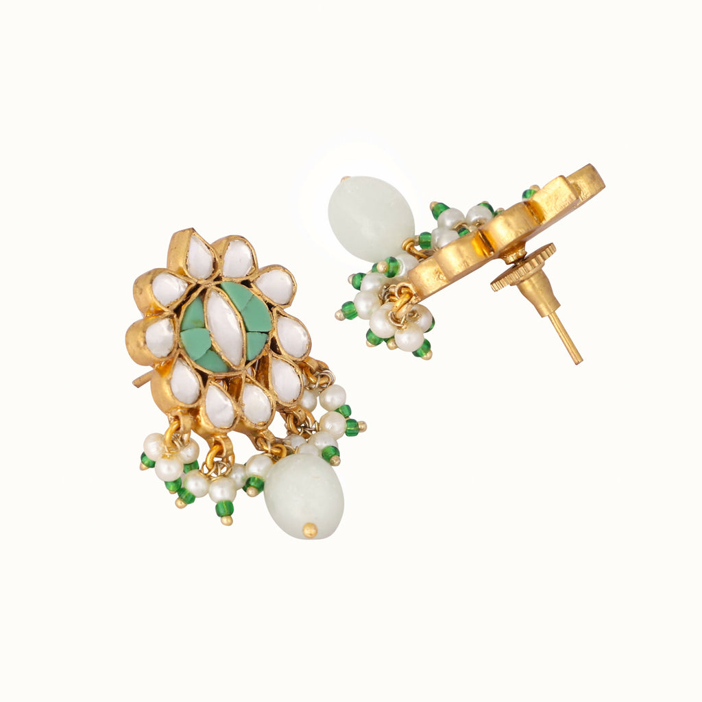 Nuyug 22K Gold Plated Semi Precious Green Stone Studded Pearl Drop Stud Earrings | Grocsy