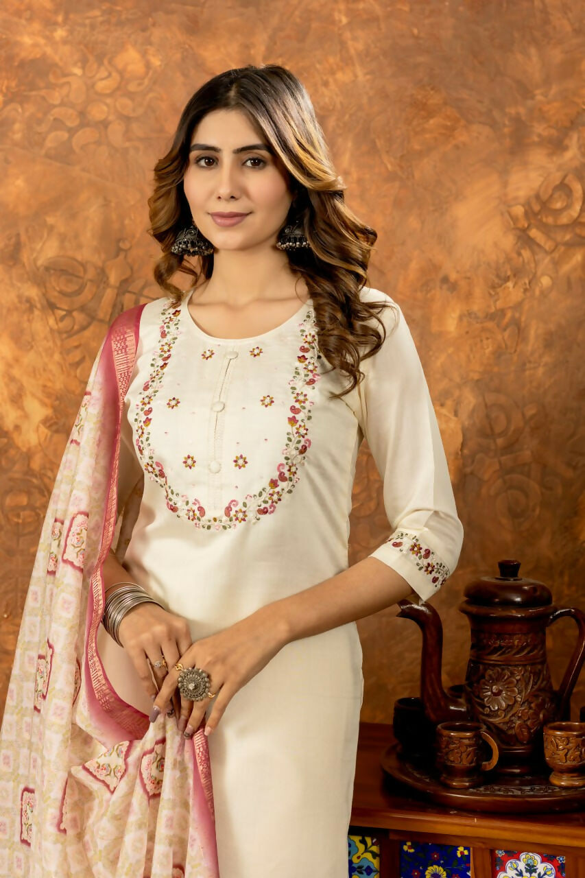 Straight Cut Off-White Salwar Kameez for Eid Party by Infinity Export | Grocsy