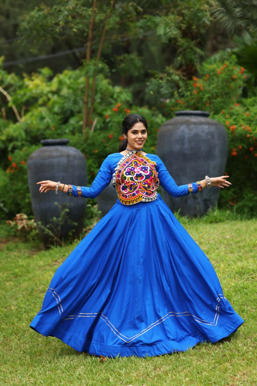 Yash Enterprise Blue Rayon Cotton Embroidery Semi Stitched Navratri Top Chaniya Choli | Grocsy