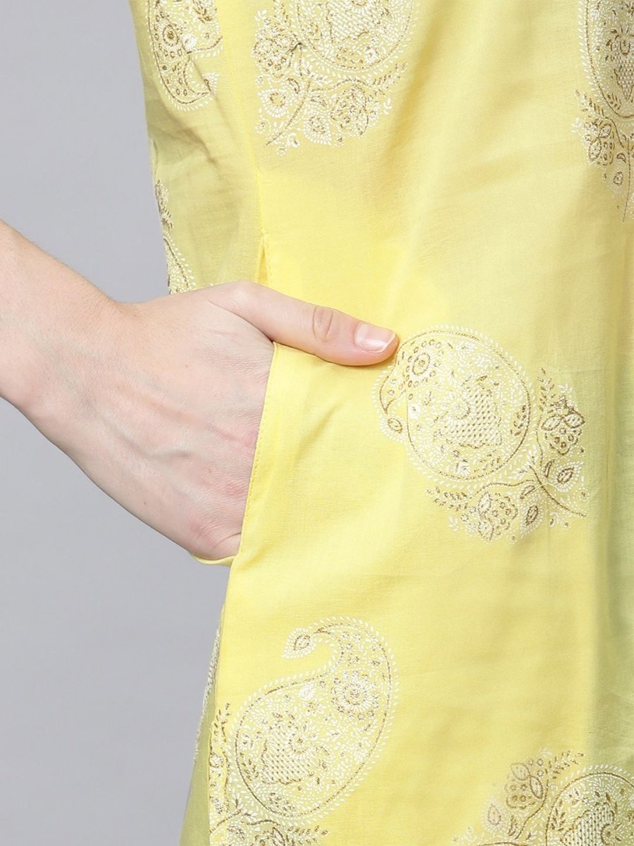 Ahalyaa Women Yellow Pure Cotton Glitter Print Tunic | Grocsy