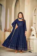 Jyoti Fashion Women's Blue Georgette Embroidered Anarkali Kurta Pant Set With Dupatta | Grocsy