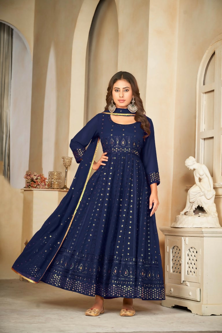 Jyoti Fashion Women's Blue Georgette Embroidered Anarkali Kurta Pant Set With Dupatta | Grocsy