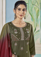Jyoti Fashion Women's Mehendi Pure Viscose Weaving Stripe with Embroidery Kurta Set | Grocsy