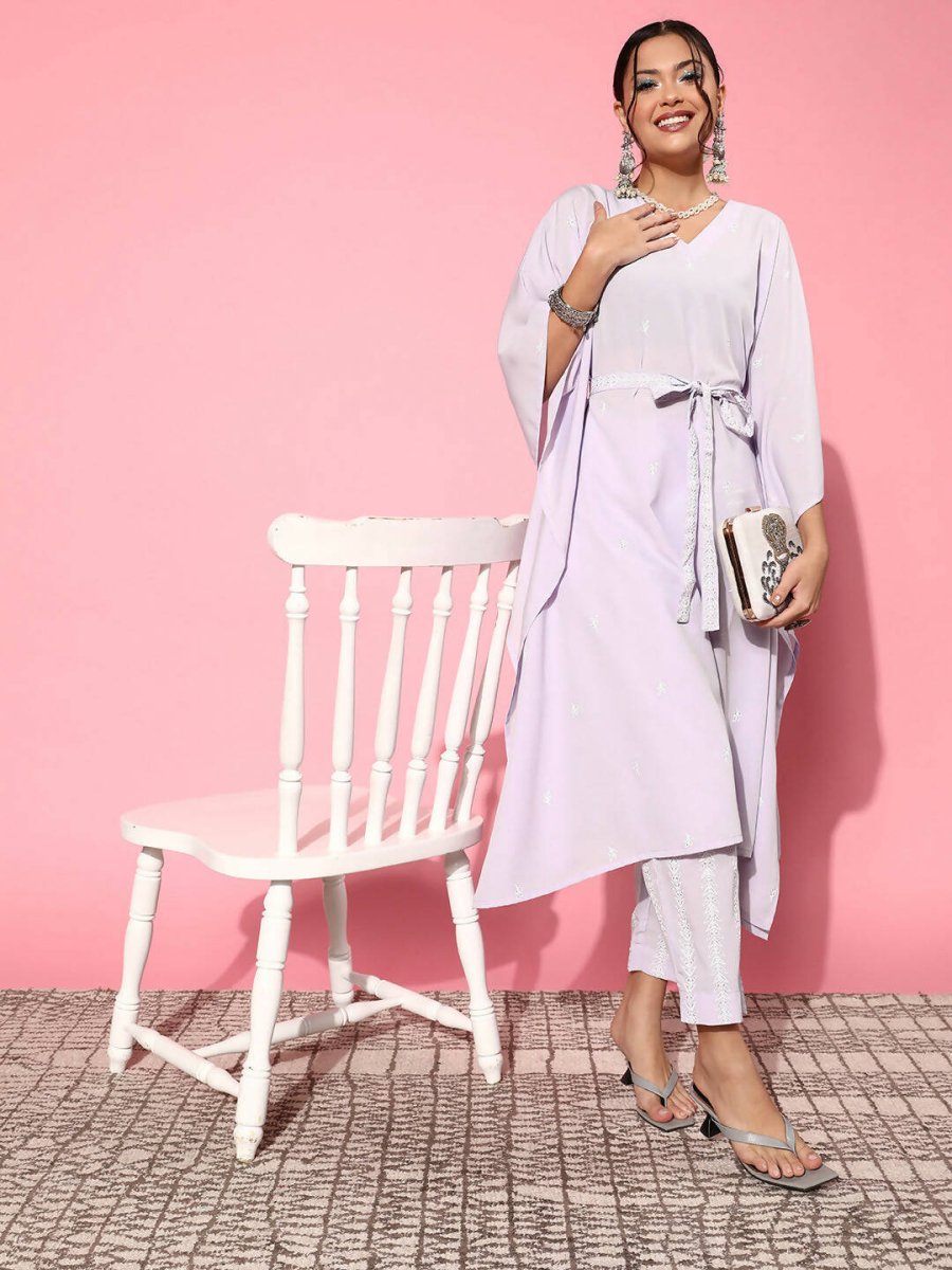 Ahalyaa Women Floral Poly Crepe Belted Detail Kurta Set | Grocsy