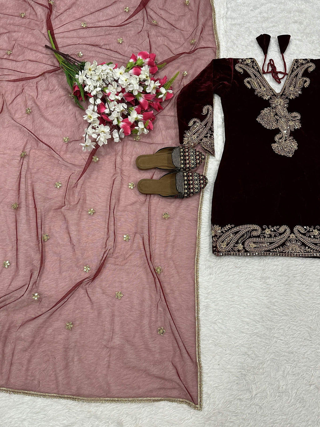 Vastranavya Wine Viscose Velvet Cording Sequence Embroidery Work Suit-Bottom With Dupatta | Grocsy