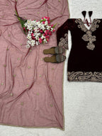 Vastranavya Wine Viscose Velvet Cording Sequence Embroidery Work Suit-Bottom With Dupatta | Grocsy