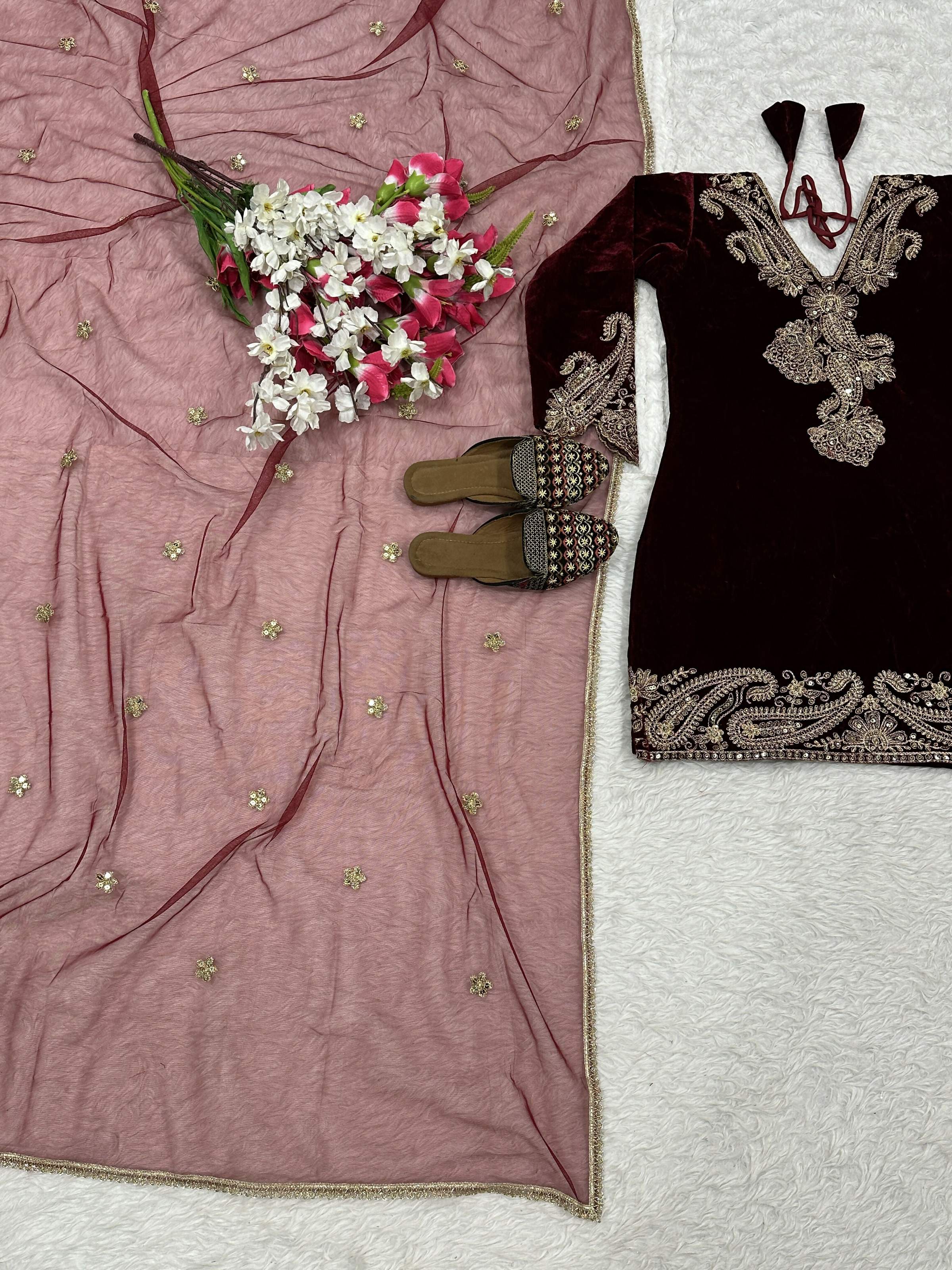Vastranavya Wine Viscose Velvet Cording Sequence Embroidery Work Suit-Bottom With Dupatta | Grocsy