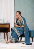 Teeya Creation Blue Color Chinnon Silk Embroidery Work Fully Stitched Plazo Pair | Grocsy