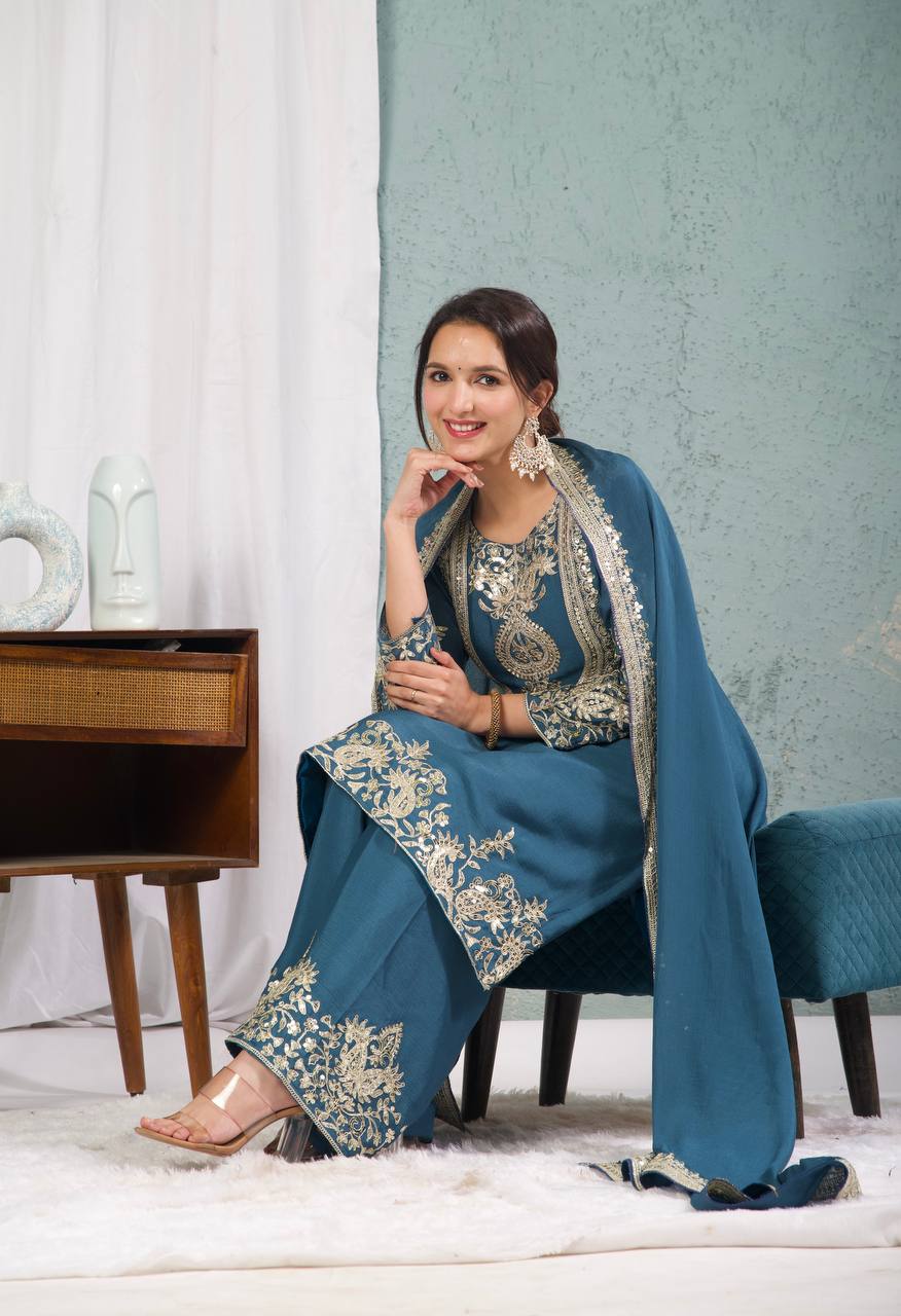 Teeya Creation Blue Color Chinnon Silk Embroidery Work Fully Stitched Plazo Pair | Grocsy