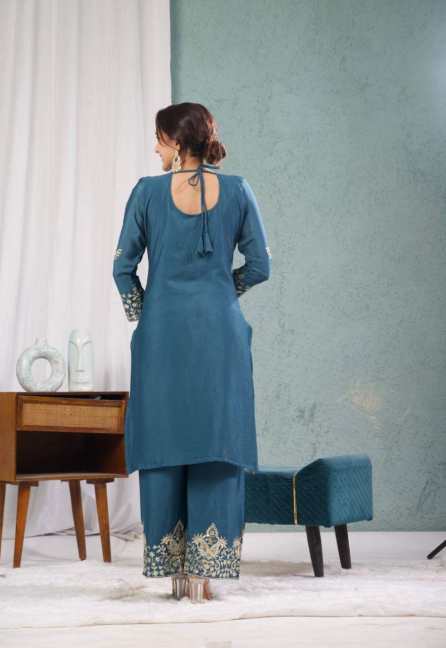 Teeya Creation Blue Color Chinnon Silk Embroidery Work Fully Stitched Plazo Pair | Grocsy