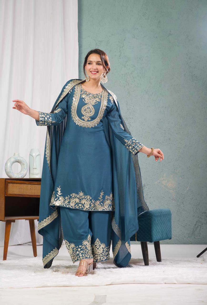 Teeya Creation Blue Color Chinnon Silk Embroidery Work Fully Stitched Plazo Pair | Grocsy