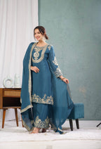 Teeya Creation Blue Color Chinnon Silk Embroidery Work Fully Stitched Plazo Pair | Grocsy