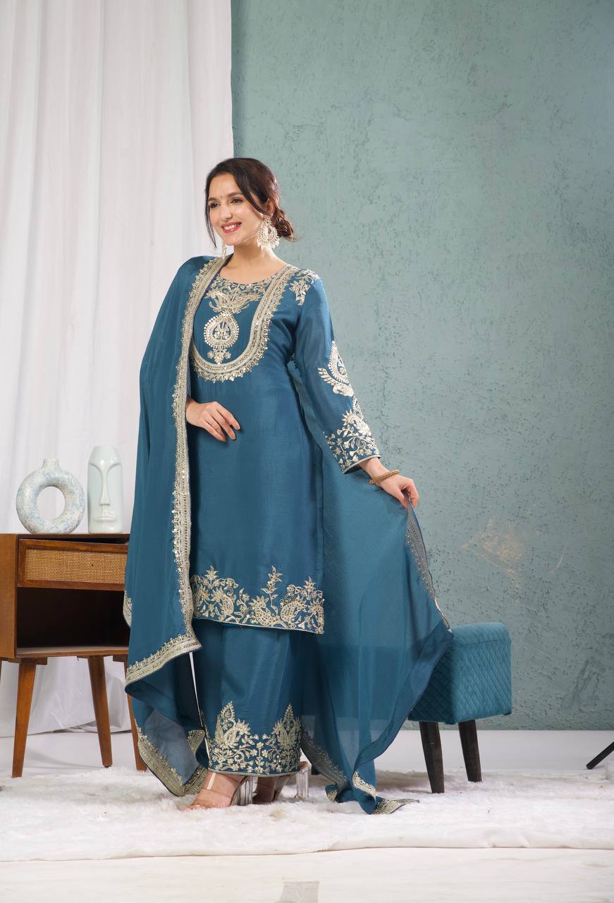 Teeya Creation Blue Color Chinnon Silk Embroidery Work Fully Stitched Plazo Pair | Grocsy
