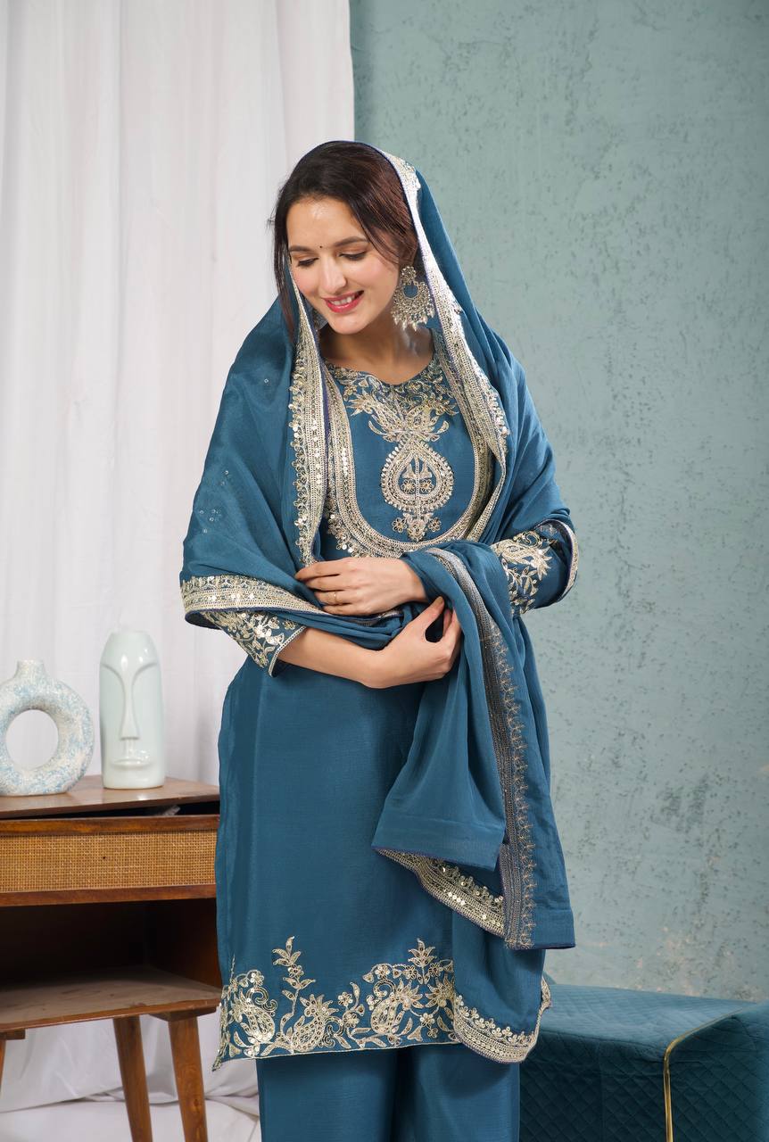 Teeya Creation Blue Color Chinnon Silk Embroidery Work Fully Stitched Plazo Pair | Grocsy