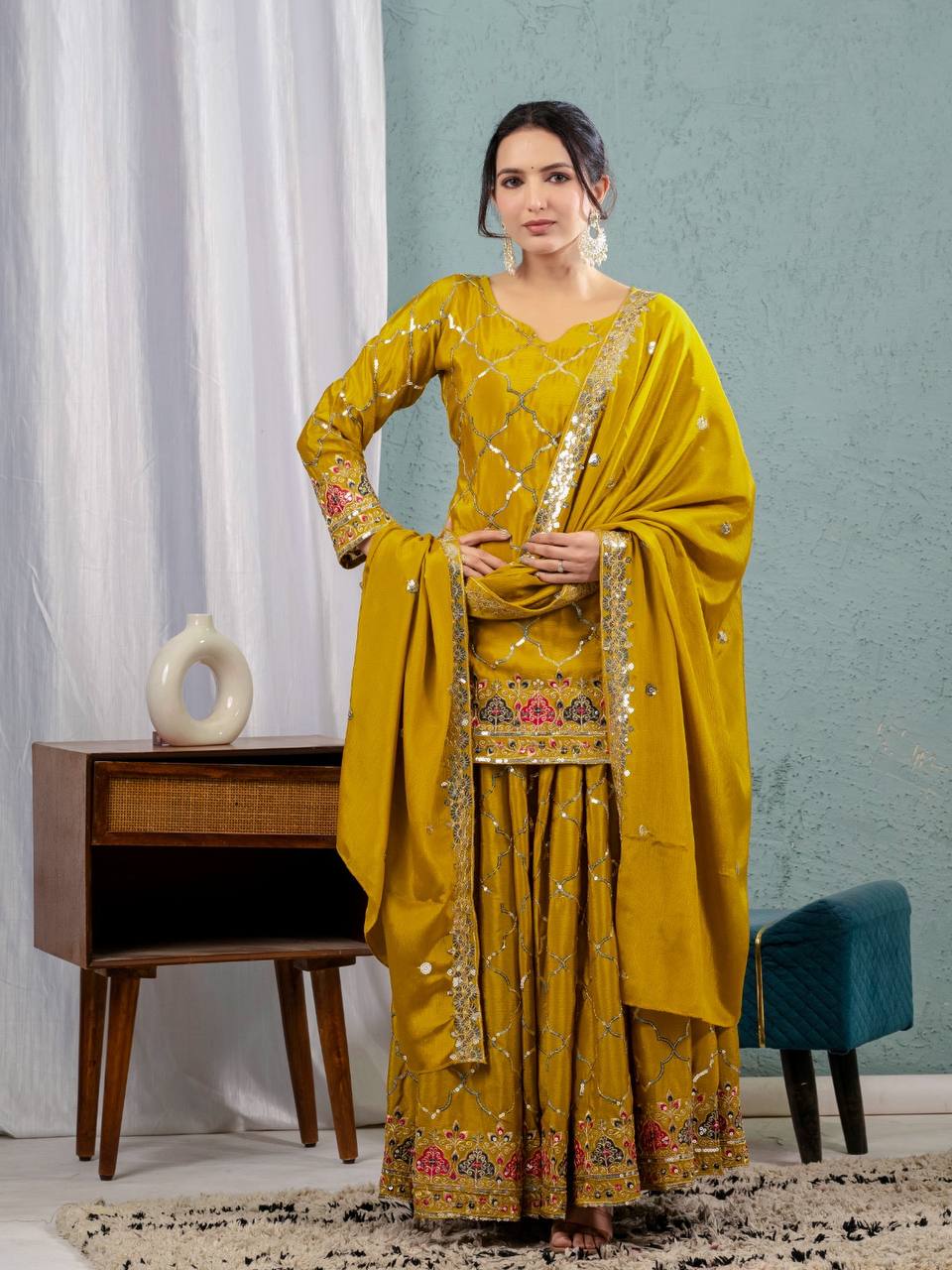 Teeya Creation Yellow Color Chinnon Silk Embroidery Work Fully Stitched Salwar Suit | Grocsy