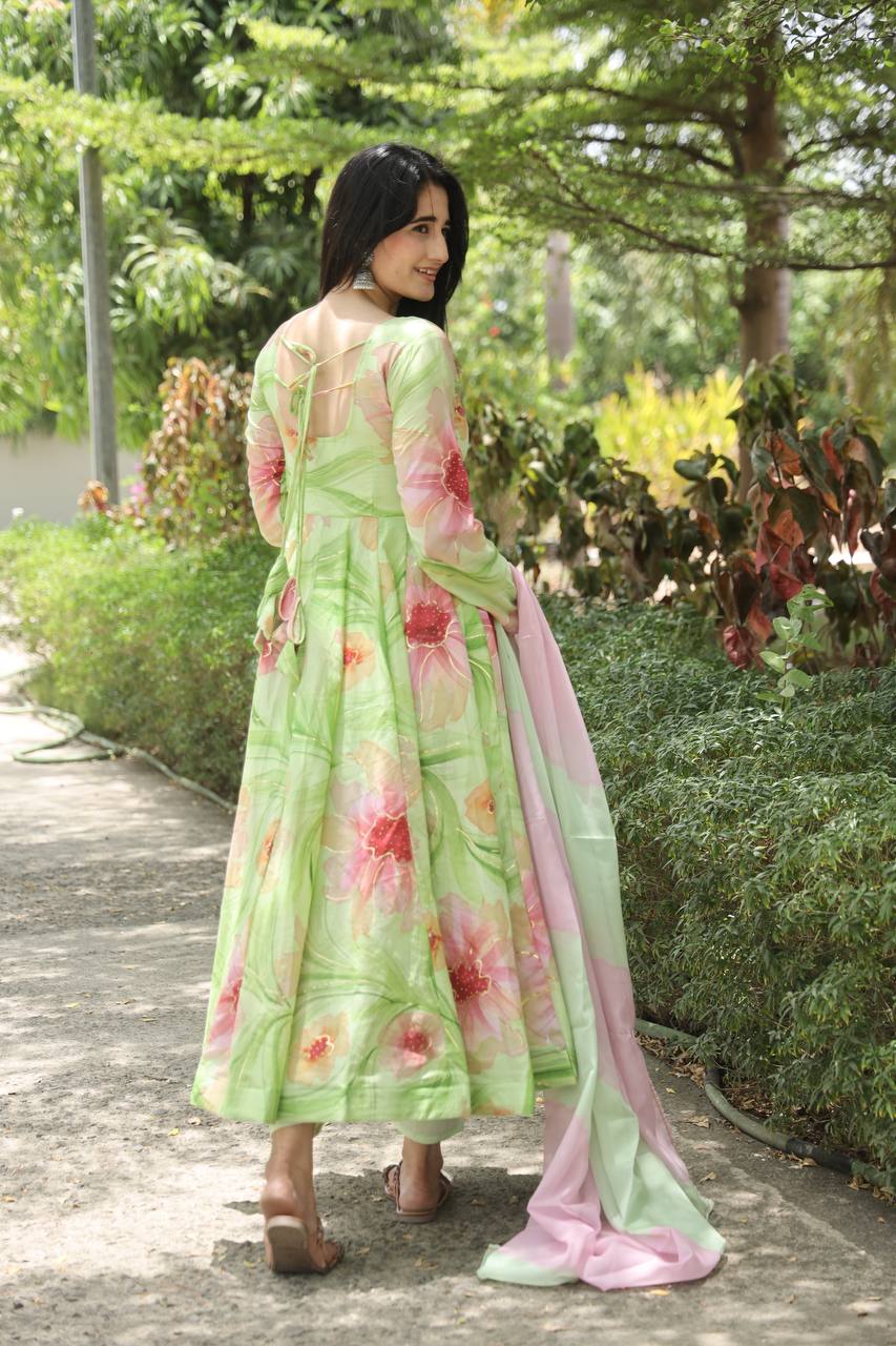 Teeya Creation Multicolor Georgette Heavy Embroidery And Sequence Work Anarkali With Pants And Dupatta | Grocsy