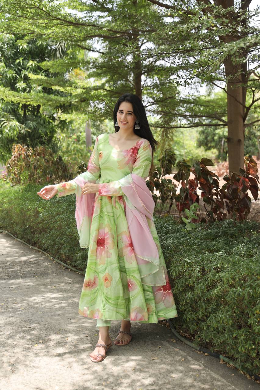 Teeya Creation Multicolor Georgette Heavy Embroidery And Sequence Work Anarkali With Pants And Dupatta | Grocsy