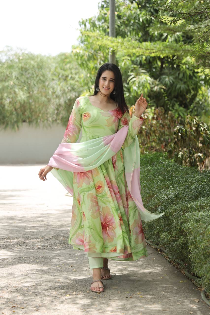 Teeya Creation Multicolor Georgette Heavy Embroidery And Sequence Work Anarkali With Pants And Dupatta | Grocsy