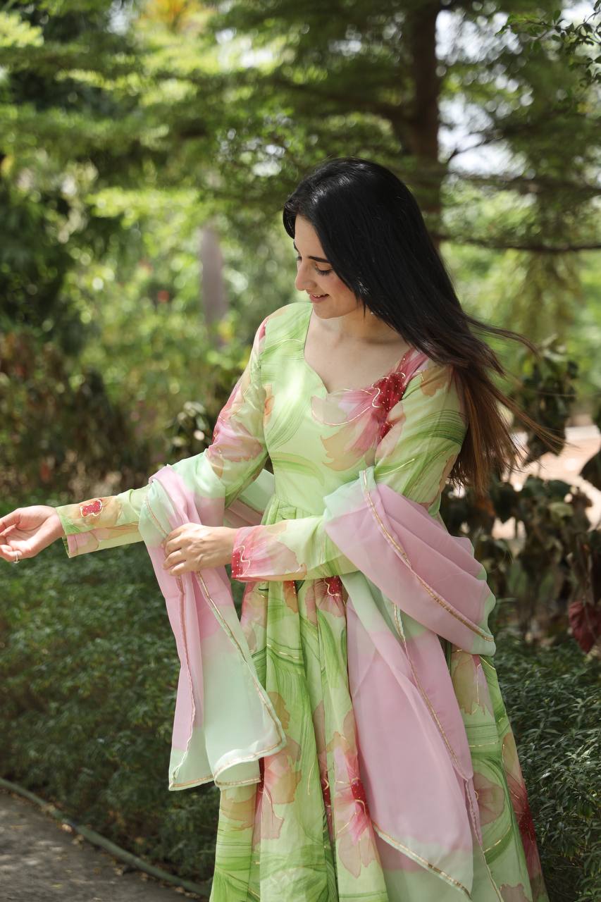Teeya Creation Multicolor Georgette Heavy Embroidery And Sequence Work Anarkali With Pants And Dupatta | Grocsy