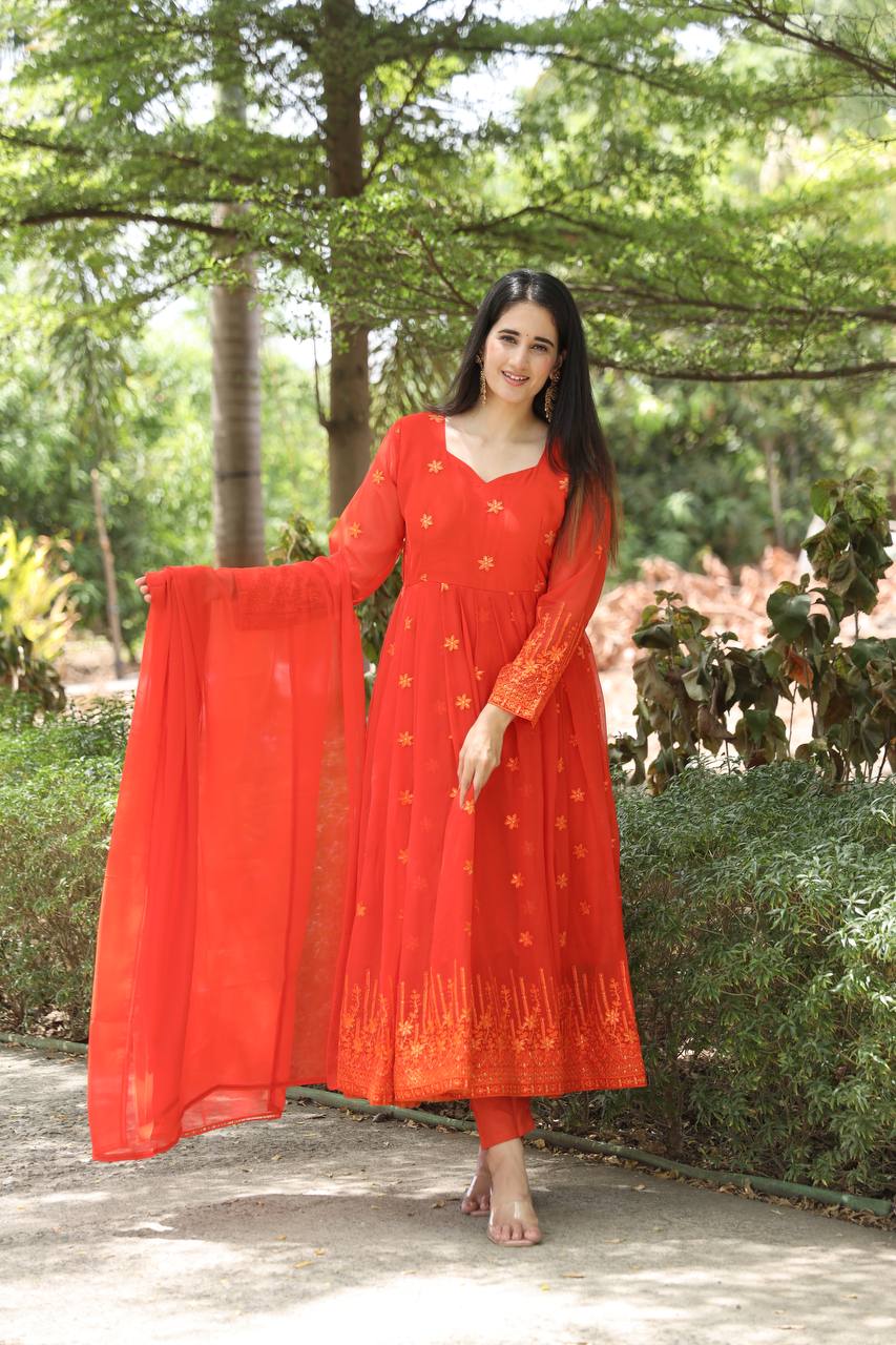 Teeya Creation Orange Color Georgette Heavy Embroidery And Sequence Work Anarkali With Pants And Dupatta | Grocsy