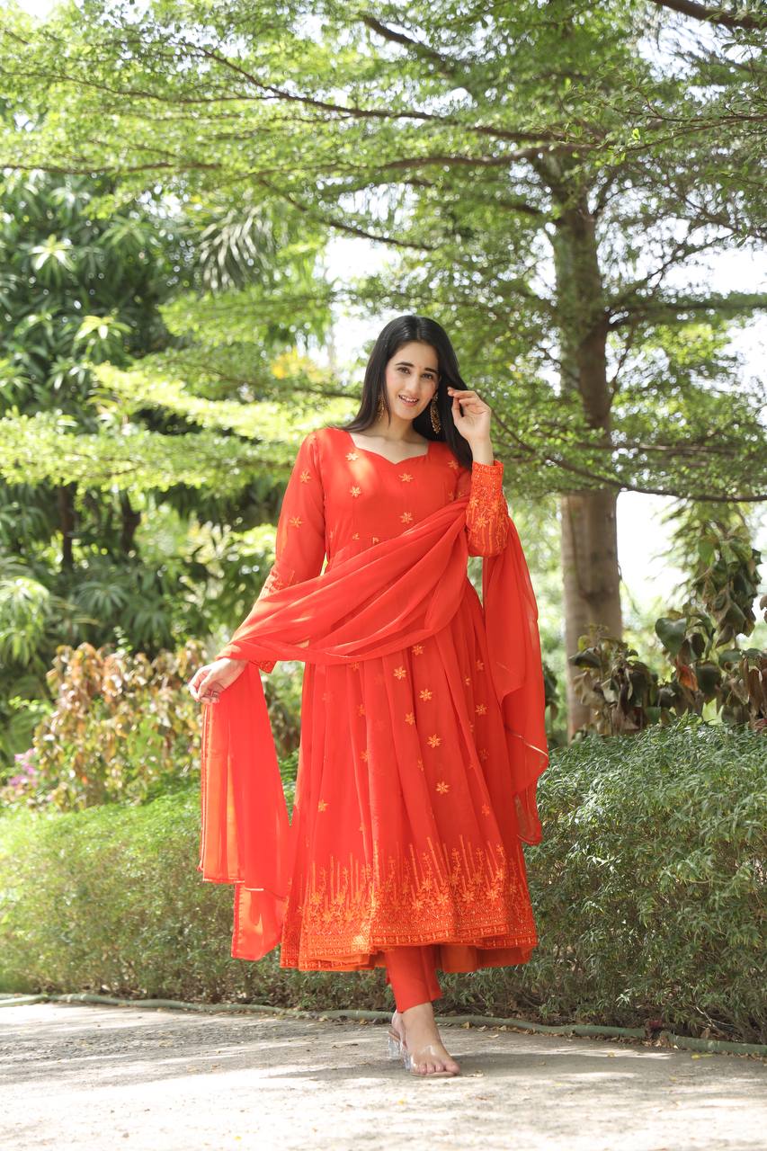 Teeya Creation Orange Color Georgette Heavy Embroidery And Sequence Work Anarkali With Pants And Dupatta | Grocsy