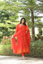 Teeya Creation Orange Color Georgette Heavy Embroidery And Sequence Work Anarkali With Pants And Dupatta | Grocsy