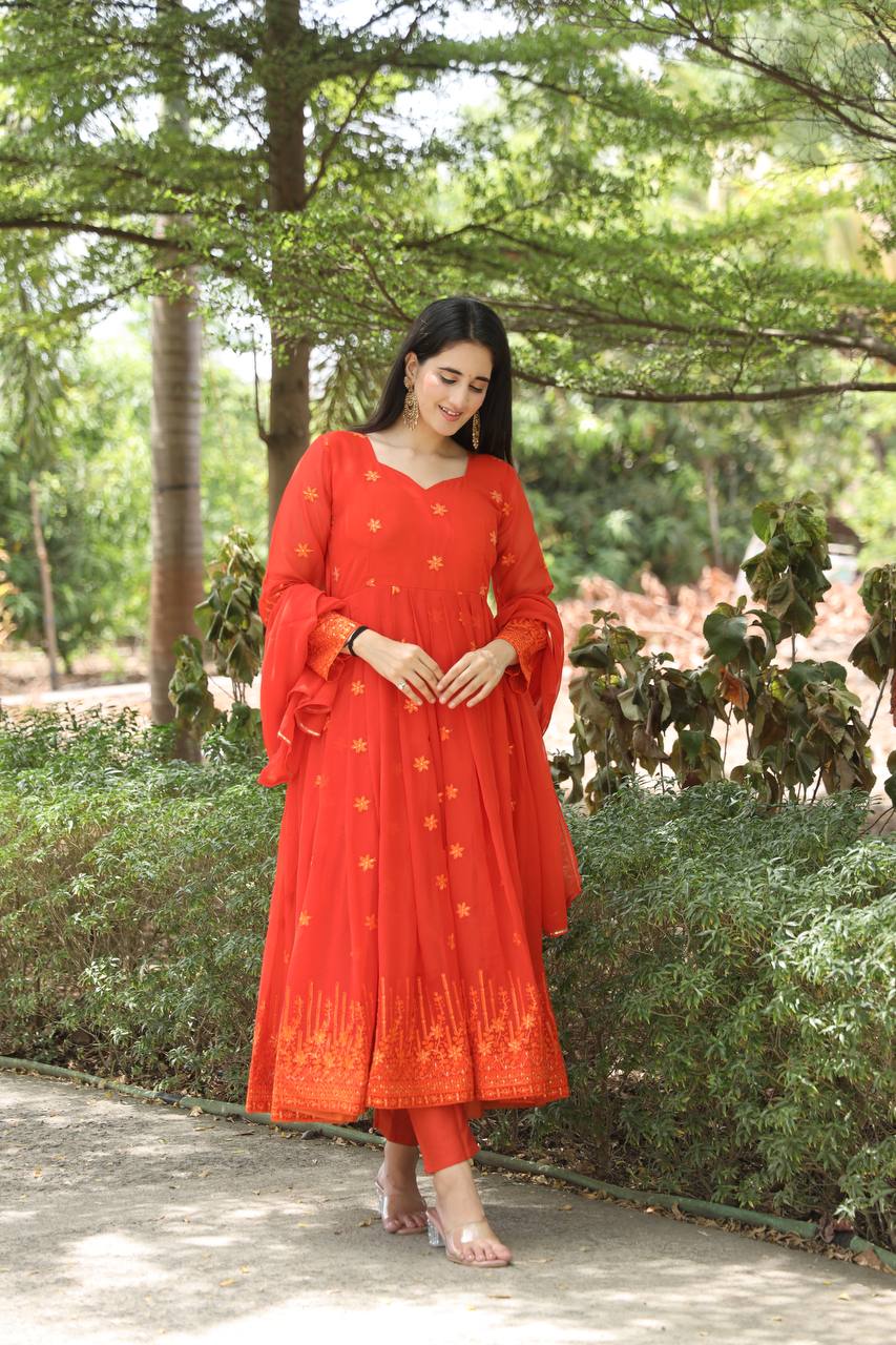 Teeya Creation Orange Color Georgette Heavy Embroidery And Sequence Work Anarkali With Pants And Dupatta | Grocsy