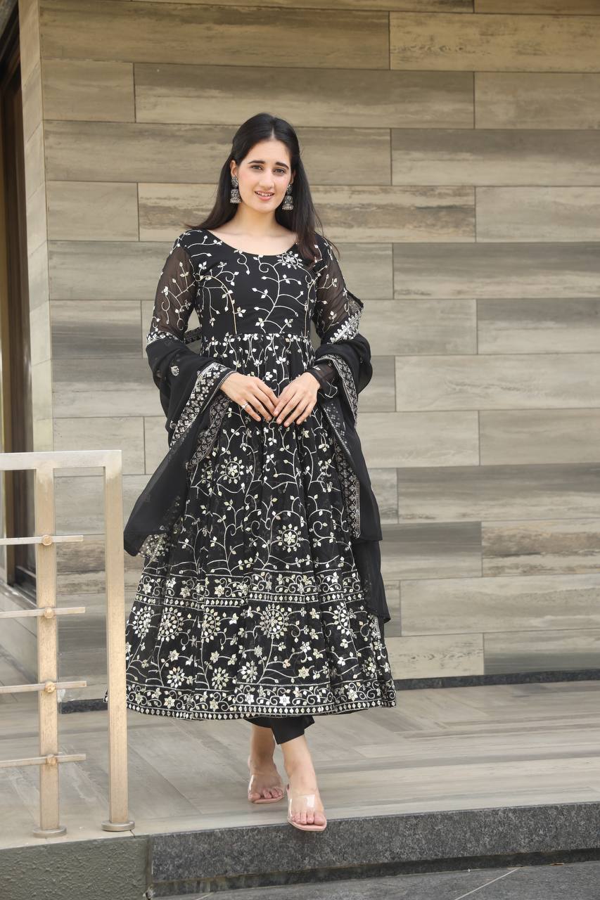 Teeya Creation Black Color Georgette Heavy Embroidery And Sequence Work Anarkali With Pants And Dupatta | Grocsy