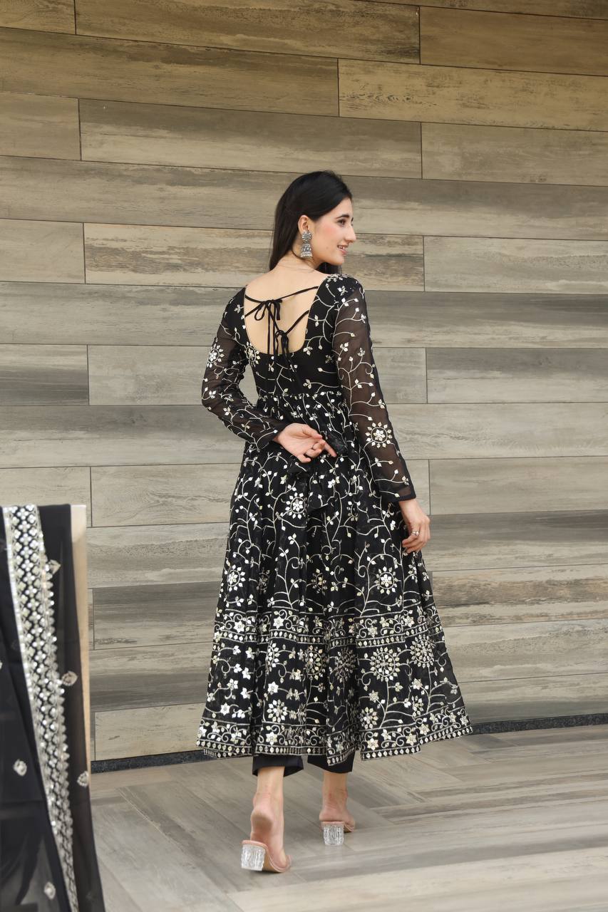 Teeya Creation Black Color Georgette Heavy Embroidery And Sequence Work Anarkali With Pants And Dupatta | Grocsy