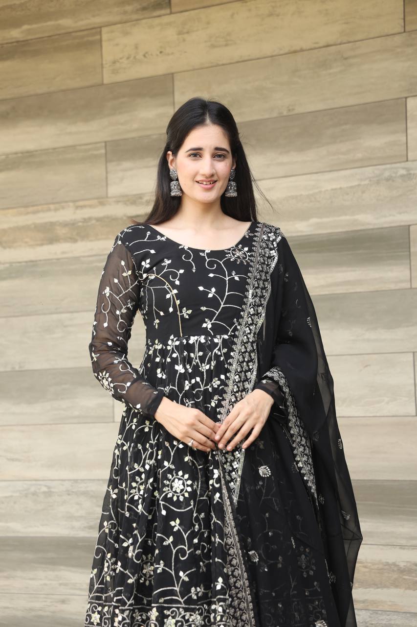 Teeya Creation Black Color Georgette Heavy Embroidery And Sequence Work Anarkali With Pants And Dupatta | Grocsy