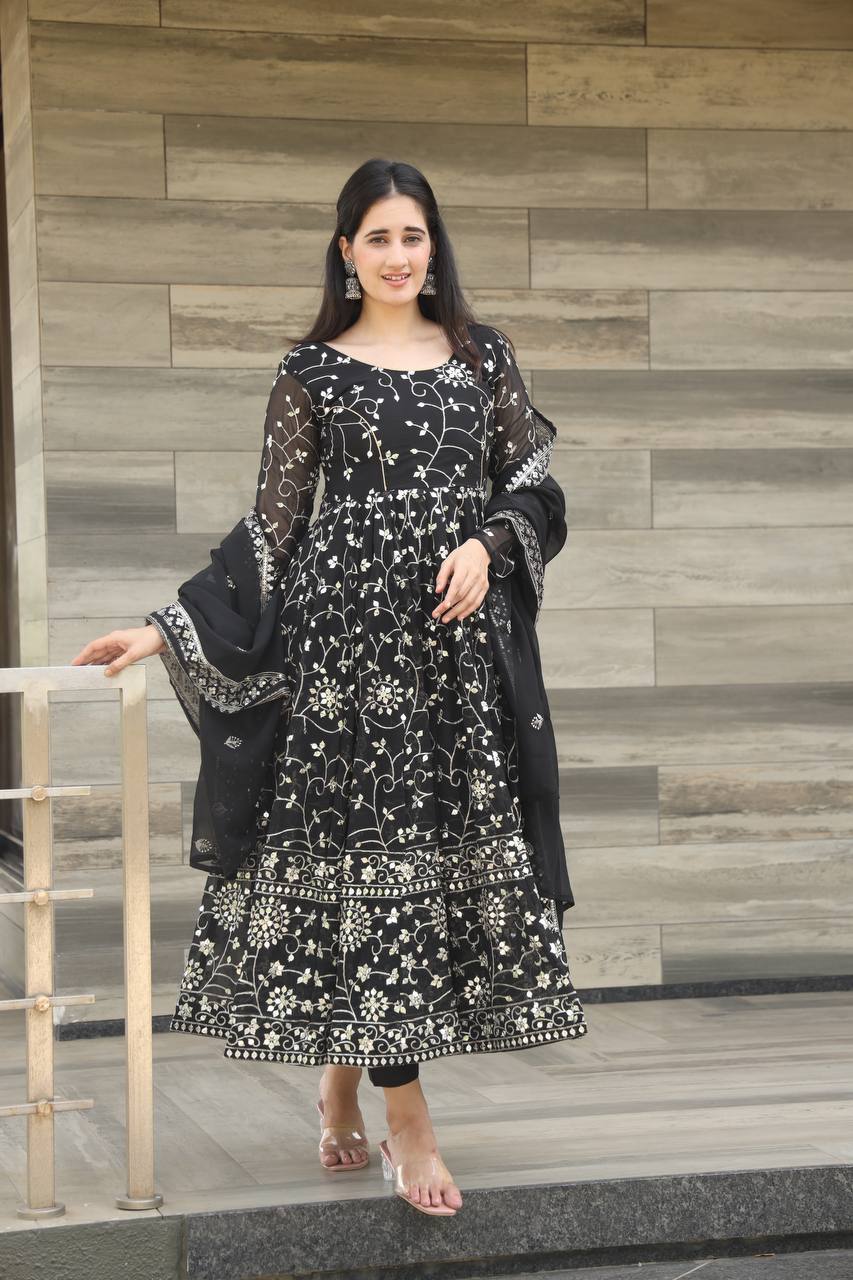 Teeya Creation Black Color Georgette Heavy Embroidery And Sequence Work Anarkali With Pants And Dupatta | Grocsy