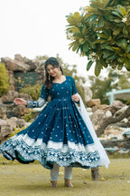 Teeya Creation Dark Teal Color Georgette Heavy Embroidery And Sequence Work Anarkali With Pants And Dupatta | Grocsy