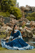 Teeya Creation Dark Teal Color Georgette Heavy Embroidery And Sequence Work Anarkali With Pants And Dupatta | Grocsy