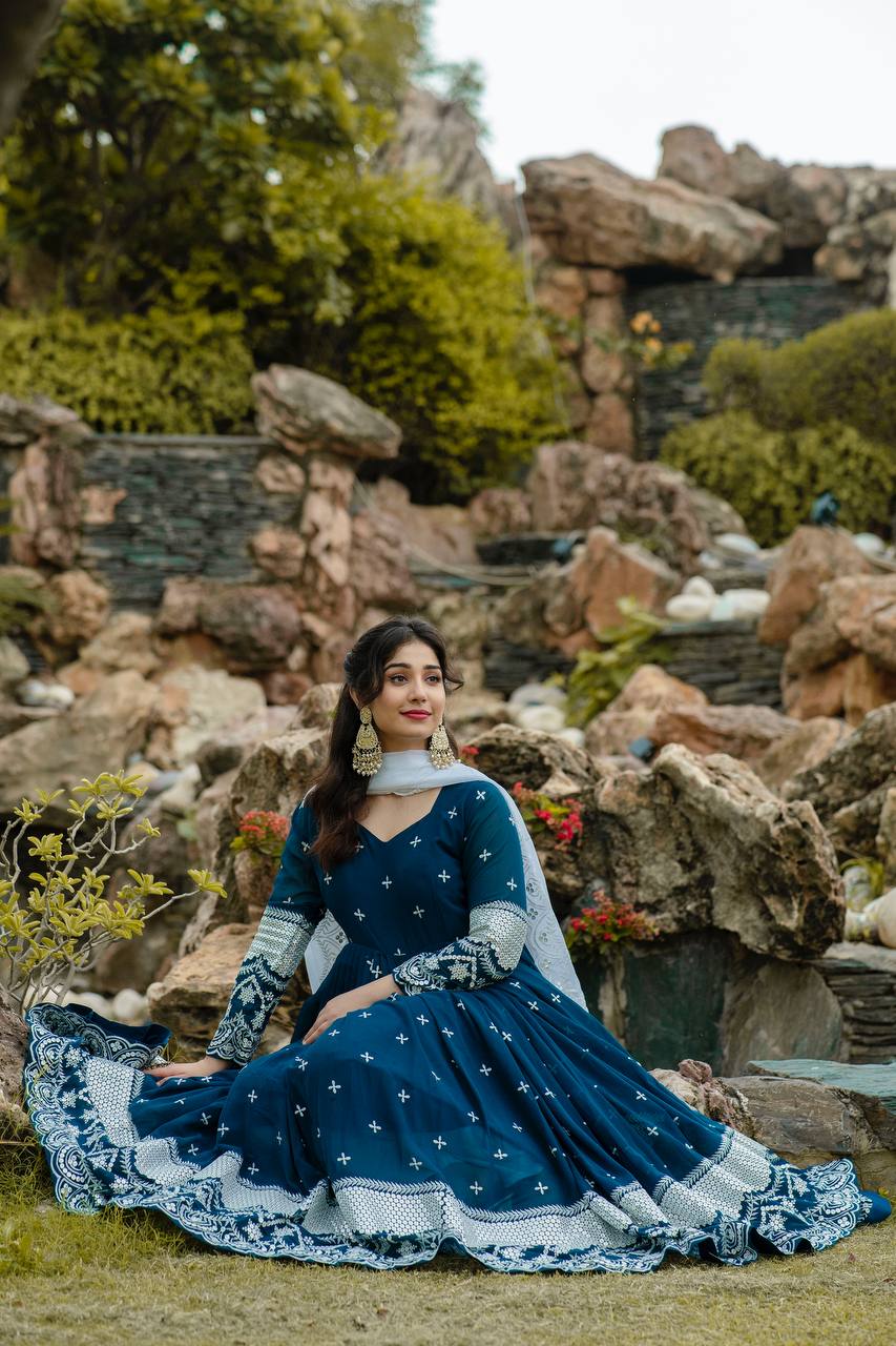 Teeya Creation Dark Teal Color Georgette Heavy Embroidery And Sequence Work Anarkali With Pants And Dupatta | Grocsy