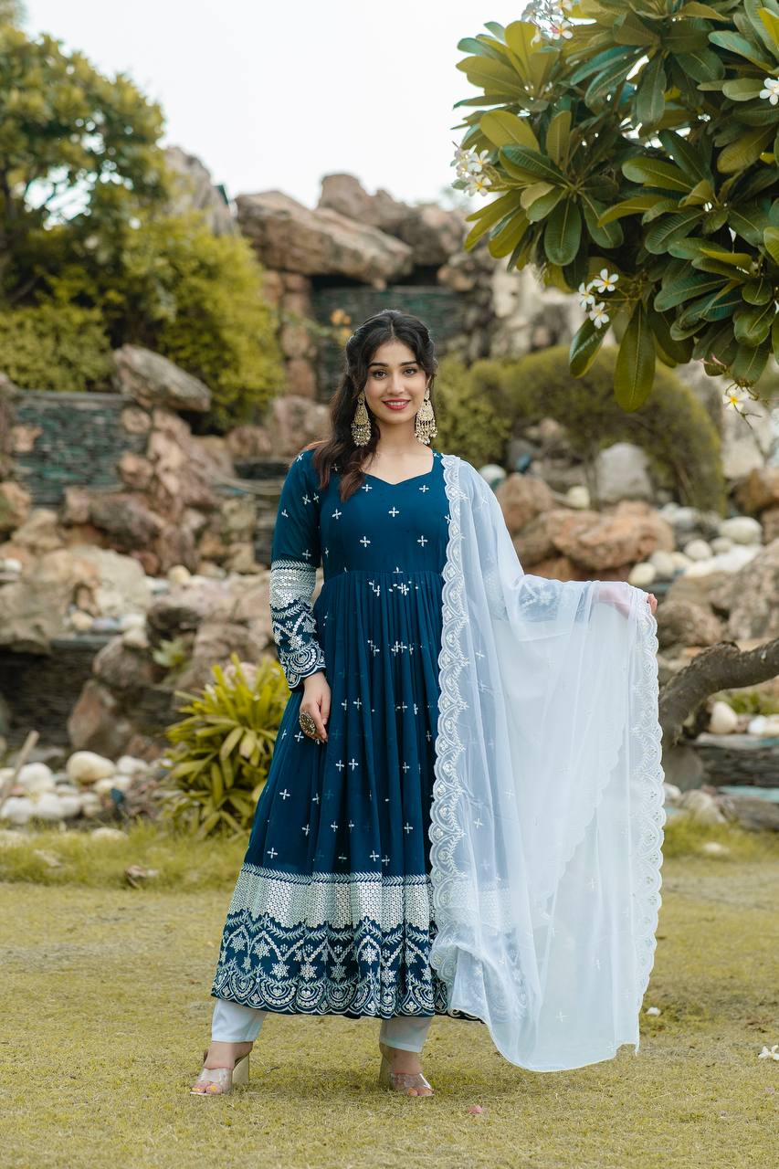 Teeya Creation Dark Teal Color Georgette Heavy Embroidery And Sequence Work Anarkali With Pants And Dupatta | Grocsy